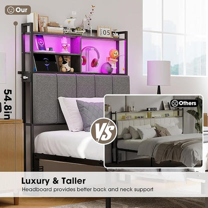 54.8" Tall Twin Size Headboard with 3-Tier Storage Shelves, Linen Upholstered Head Board with USB & Type C Port & LED Light, Soft Backrest for Twin Size Bed,Sturdy Headboard Only