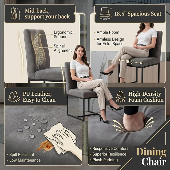 CIMOTA Modern Dining Chairs Set of 6, Leather Dining Room Chairs Upholstered Mid Century Armless Guest Side Chair with Black Base for Dining Room/Kitchen, Vintage Grey 6PCS