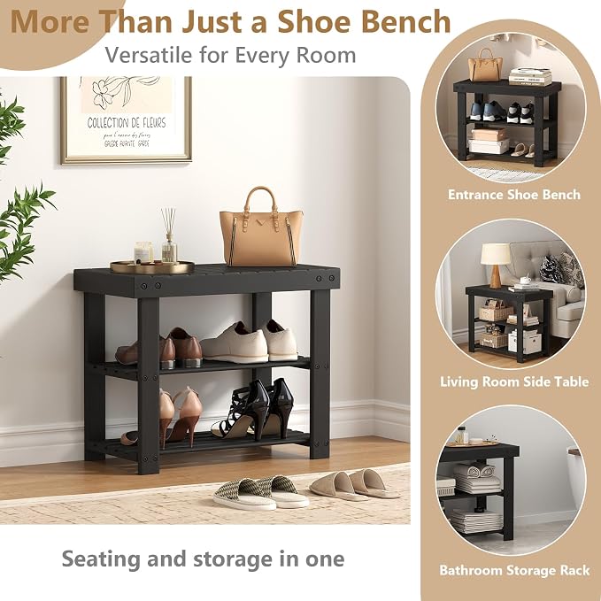 Sweetcrispy 3-Tier Shoe Rack Bench for Entryway, 19 Inches, Black | Bamboo Shoe Storage Bench, Shoes Rack for Entrance, Living Room, Balcony, 4 Pairs, 286lb Capacity