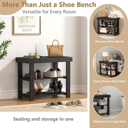 Sweetcrispy 3-Tier Shoe Rack Bench for Entryway, 19 Inches, Black | Bamboo Shoe Storage Bench, Shoes Rack for Entrance, Living Room, Balcony, 4 Pairs, 286lb Capacity