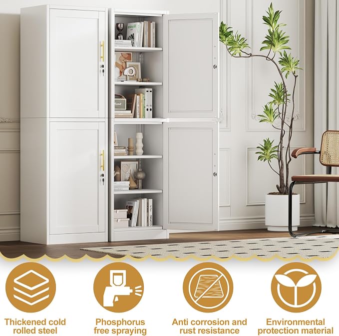 Tall Narrow Slim Metal Storage Cabinet with Lock and 5 Adjustable Shelves,Steel File Cabinets,Kitchen Pantry Cabinet Locker Organizer - 67" Storage Cabinets Bathroom,Bedroom,Office,White