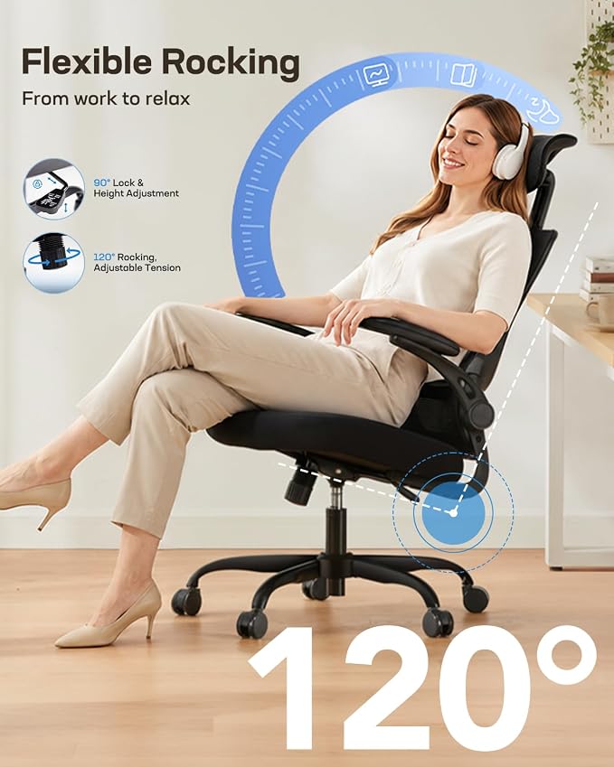 HUANUO Ergonomic Office Chair, High Back Computer Desk Chair with Adjustable Lumbar Support and Headrest, Comfy Gaming Chair with 3D Armrests, Home Office Rolling Chair, Max Load 300 lbs
