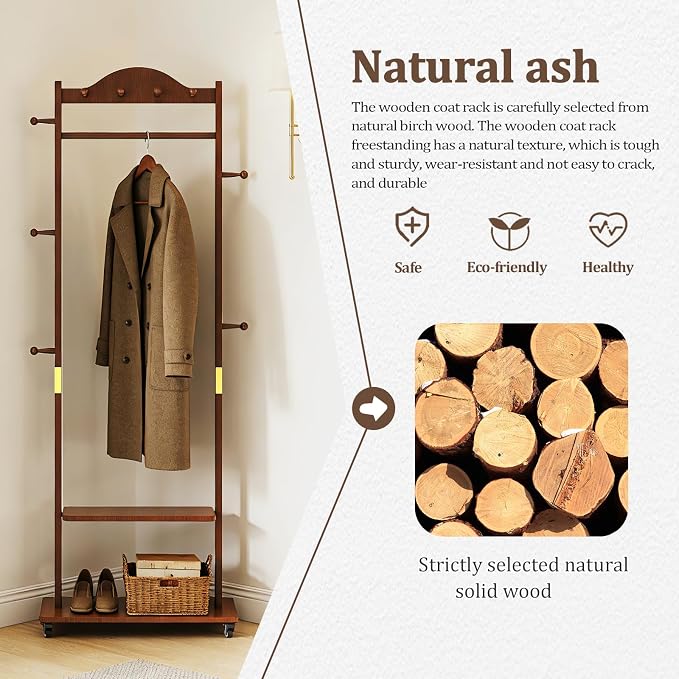 Solid Wood Clothing Rack with Wheels 2 Shelves Storage & 9 Hooks Heavy Duty Coat Rack Freestanding Clothes Rack Coat Tree Stand Hat Hanger Rack for Living Room Corner,835 Walnut