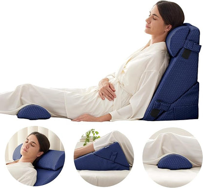 Adjustable 4pcs Bed Wedge Pillow Set, Memory Foam Wedges Pillow Post Surgery for Back, Neck, Leg Pain Relief, Pillows Wedge for Sleeping, Sitting up in Bed, Acid Reflux and GERD, Navy Blue
