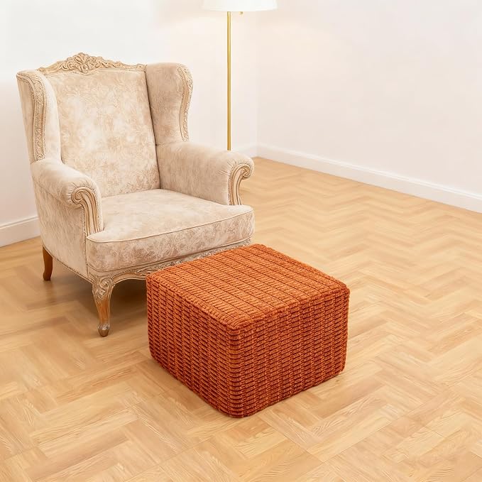 Asuprui Round Square Pouf Ottoman Foot Rest – Lightweight Modern Footstool with Plush Foam Filling, Perfect for Living Room Decor & Cozy Comfort – 20x20x14 Inch Chic Accent Piece (Burnt Orange)