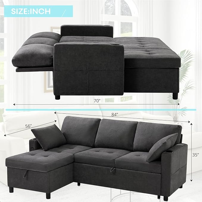 84" L-Shape Pull Out Sofa with 2 Storage Chaise, Grey | Fabric Sectional Sleeper Sofa with Adjustable Backrest, Upholstered Reversible Couch Bed with USB Port for Living Room, House