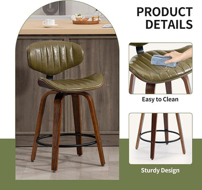 Modern Bar Stools Set of 2, 24 inch PU Leather Wooden Bentwood Barstools Counter Height Swivel Breakfast Bar Chairs with Backrest Footrest for Kitchen Island, Dining Room D035-Olive Green-2