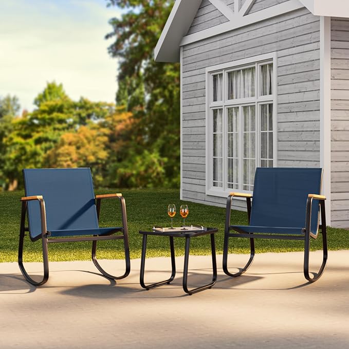 Ahomly 3-Piece Outdoor Rocking Bistro Set, Outdoor Patio Furniture Set with Textilene Fabric, Patio Rocking Chairs and Glass Table for Garden Balcony Backyard Poolside Blue
