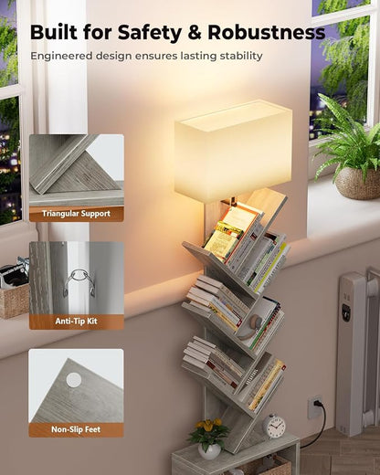 Evermagin 6 Tier Tree Bookshelf with Light, Narrow Bookcase Tower, Tall Floor Standing Book Shelf Organizer with Storage Cabinet for Living Room, Bedroom and Home Office, Gray