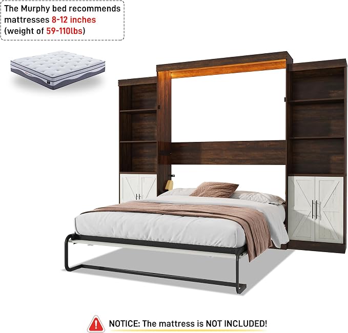 Hlivelood Queen Size Murphy Bed w/2 Storage Cabinet&2 LED Light, Farmhouse Wood Hidden Foldable Wall Bed Frame, Storage Bed Cabinet for Bedroom, Office, Space-Saving, No Box Spring Needed, White