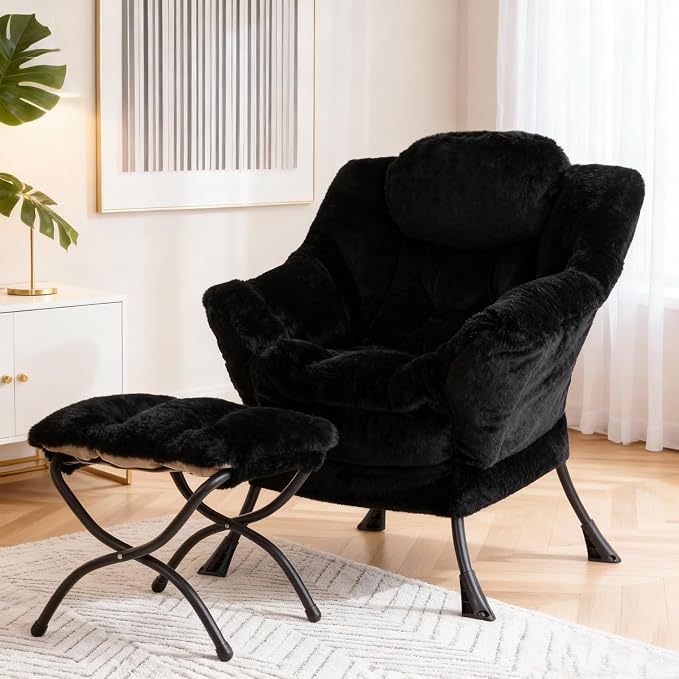 Lazy Chair with Ottoman, Modern Accent Chair Sofa Chair with Armrests, Reading Chair and Folding Footstool for Living Room, Bedroom, Office, Plush Black