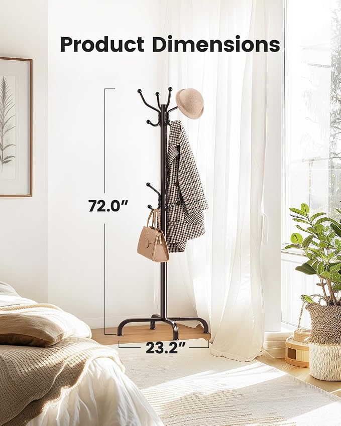 Pipishell Coat Rack with 14 Hooks, Freestanding Coat Rack Stand for Entryway, Hallway, Bedroom, and Office, Metal Coat Tree & Hat Rack for Coats, Hats, and Bags, Brown
