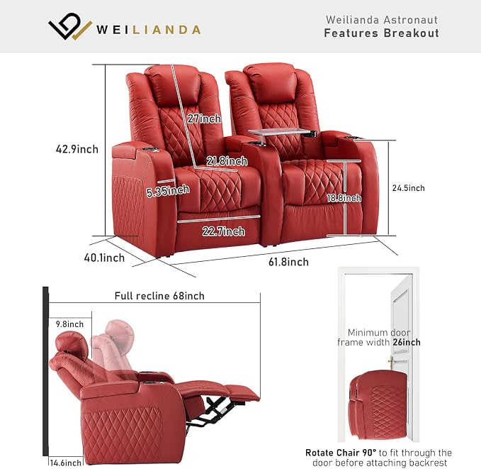 Weilianda Home Theater Seating Top Grain Leather Zero Gravity Recliner Chair Power Headrest Recline Movie Seat Gaming 7 Colors Mood Light Sofa with Tray Table USB Charge Row of 2 Red