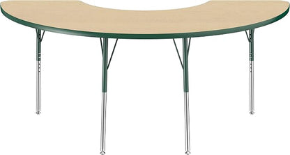 FDP Half Moon Activity School and Office Table (36 x 72 inch), Standard Legs with Swivel Glides for Collaborative Seating Environments, Adjustable Height 19-30 inches - Maple Top and Green Edge