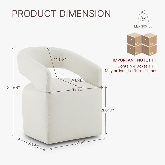 KISLOT Upholstered Dining Chairs Set of 4, Modern Arm Kitchen & Dining Room Chairs with Hidden Casters, Linen Fabric Padded Rolling Chairs, Sturdy Wood Frame, 300 lbs Capacity, Ivory White