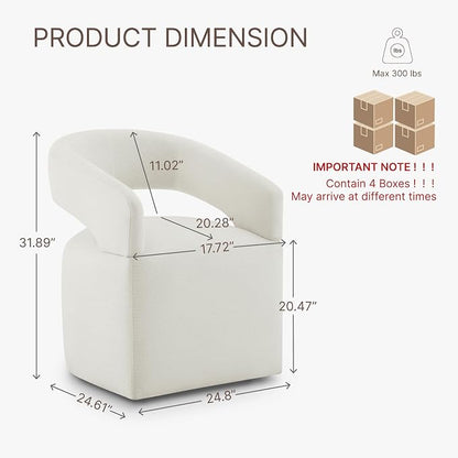 KISLOT Upholstered Dining Chairs Set of 4, Modern Arm Kitchen & Dining Room Chairs with Hidden Casters, Linen Fabric Padded Rolling Chairs, Sturdy Wood Frame, 300 lbs Capacity, Ivory White