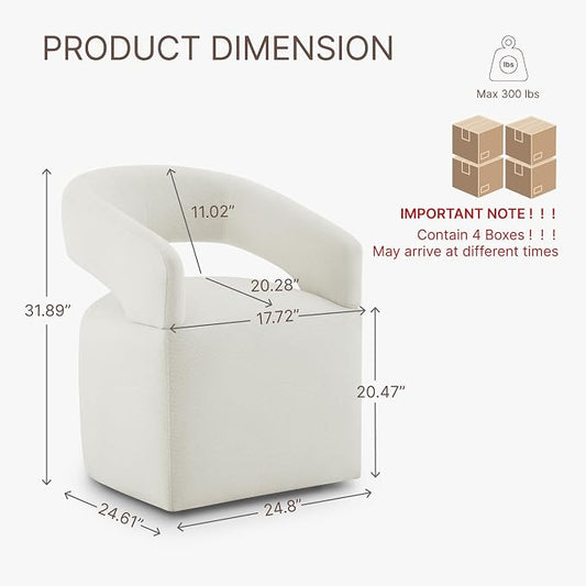 KISLOT Upholstered Dining Chairs Set of 4, Modern Arm Kitchen & Dining Room Chairs with Hidden Casters, Linen Fabric Padded Rolling Chairs, Sturdy Wood Frame, 300 lbs Capacity, Ivory White