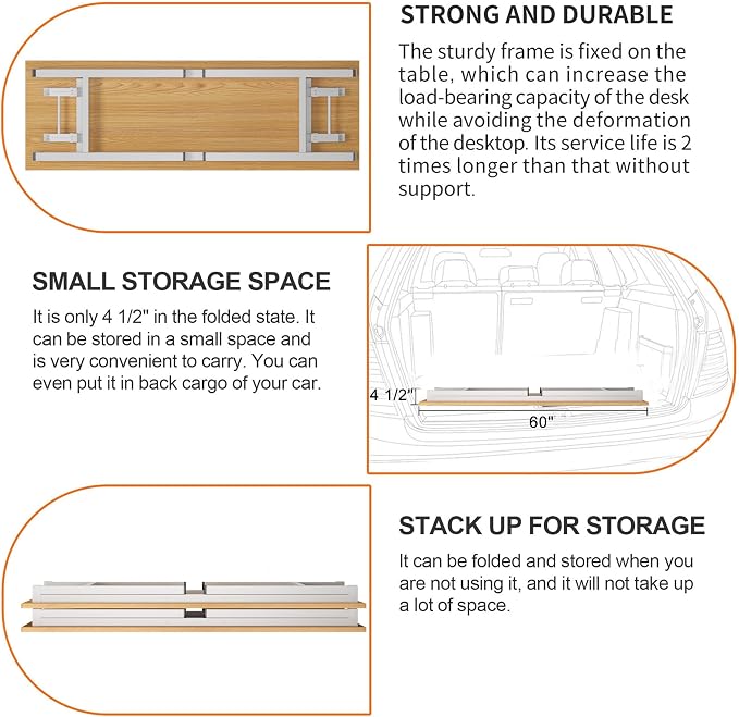 Need Folding Computer Desk, Large 60 inches Folding Table for Home Office, No Install Needed Foldable Writing Table Desk, Teak and White