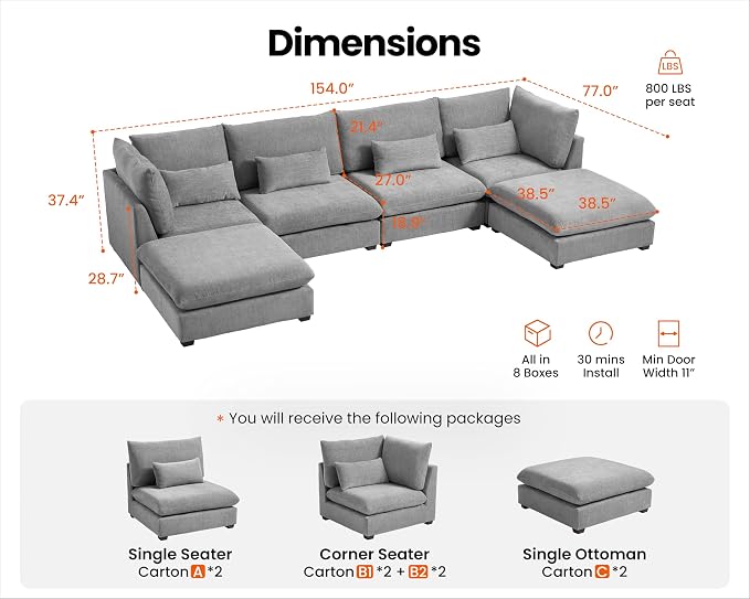 154" Oversized Chenille Couch Modular Sectional Sofa, Washable Cloud Couch Sectional with 2 Ottoman, 6 Seater Sectional Couches for Living Room, Fully Cover Removable, U Shaped, Chenille, Grey