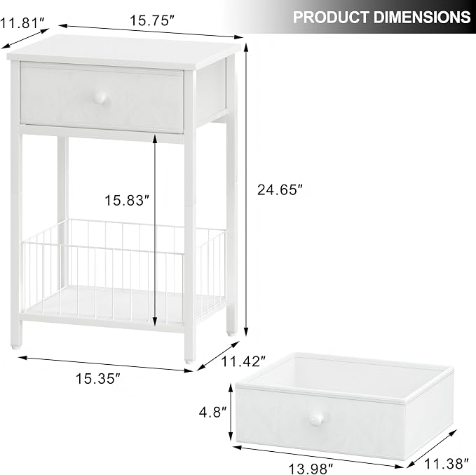 White Small nightstand, White Nightstand, Side Table for Small Spaces, 2 Tiers Storage Shelves End Table, Night Stand for Living Room, Bedroom, Dorm LNT0061W