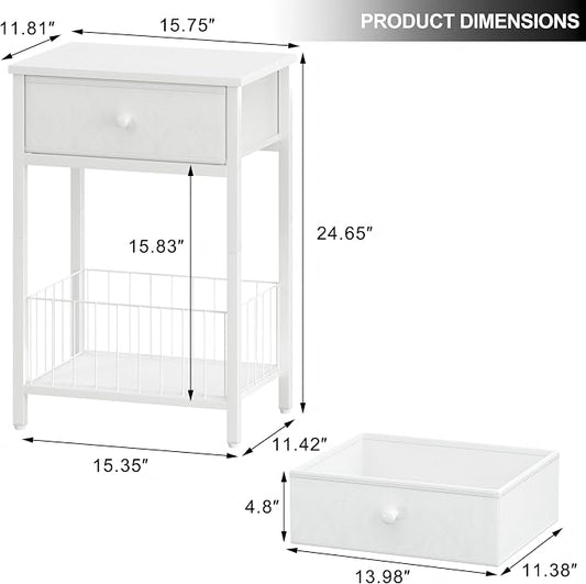 White Small nightstand, White Nightstand, Side Table for Small Spaces, 2 Tiers Storage Shelves End Table, Night Stand for Living Room, Bedroom, Dorm LNT0061W