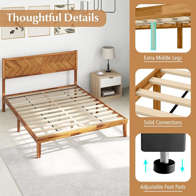 KOMFOTT Queen Acacia Wood Bed Frame with Headboard, Solid Wood Platform Bed Frame, Wooden Slats Supported Bed Base with Under-Bed Storage Space, No Box Spring Needed Mattress Foundation