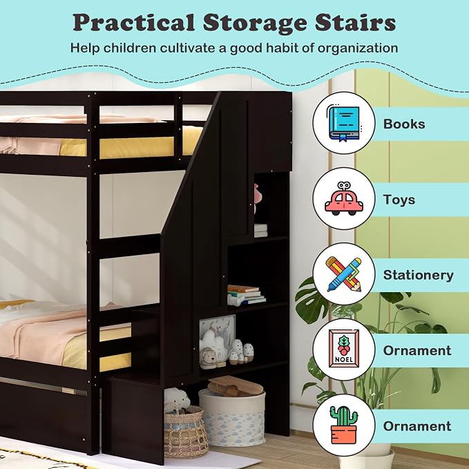 Giantex Bunk Bed Twin Over Twin with Storage Stairs & Drawers, Solid Wood Bunk Bed with Full-Length Guardrails, Convertible to 2 Beds, Versatile Bunk Beds for Kids Teens Adults, Espresso
