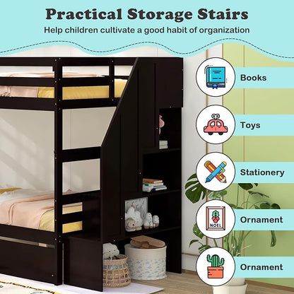 Giantex Bunk Bed Twin Over Twin with Storage Stairs & Drawers, Solid Wood Bunk Bed with Full-Length Guardrails, Convertible to 2 Beds, Versatile Bunk Beds for Kids Teens Adults, Espresso