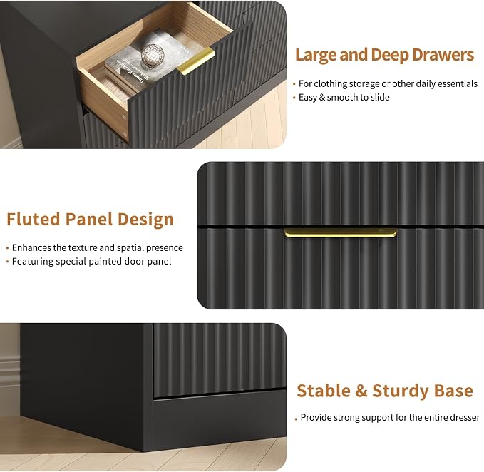 7 Drawer Dresser and Nightstand Sets, 3 Pcs Bedroom Set for Bedroom, Fluted Night Stand Set of 2 & 55" Wide Dresser w/Gold Handles, Modern Wood Chest of Drawers Storage Cabinet Set, Black