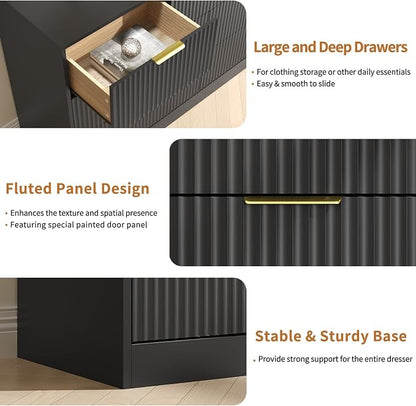 7 Drawer Dresser and Nightstand Sets, 3 Pcs Bedroom Set for Bedroom, Fluted Night Stand Set of 2 & 55" Wide Dresser w/Gold Handles, Modern Wood Chest of Drawers Storage Cabinet Set, Black