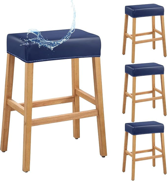 PU Leather Bar Stool Covers Rectangular, 100% Waterproof Stool Covers Rectangle Super Stretch 20% Thicker Leather Saddle Stools Cover Rectangular Counter Bar Stools with Elastic Band (4 PCS, Navy)