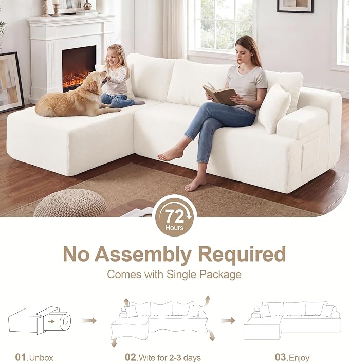 Hobestluk Modular Sectional Sofa Couches L-Shape Couch 3 Seat Modular Sofa Memory Foam Sectional Couches for Living Room, Cloud Couch with Oversized Chaise (White Smooth, 96", Left Hand Facing)