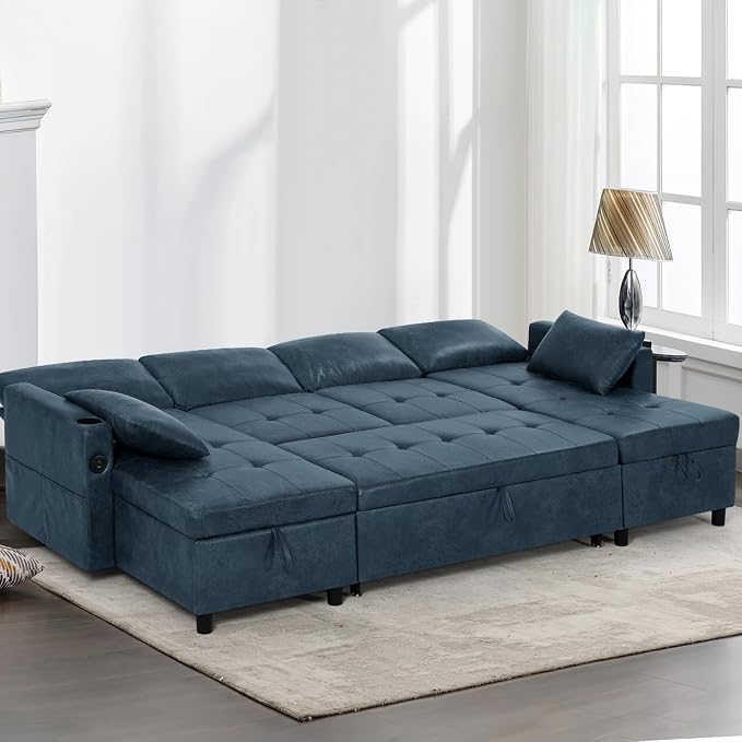 110 inches Suede Leather Sleeper Sofa w/Pull Out Bed, U-Shape Sectional Sofa Bed w/Adjustable Backrest and Storage Chaises, 4-Seats Upholstered Sofa Bed w/USB Port for Living Room, Blue