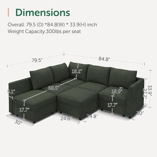 HONBAY Modular Sectional Sofa L Shaped Sectional Couch with Storage, Convertible Couches for Living Room - Green