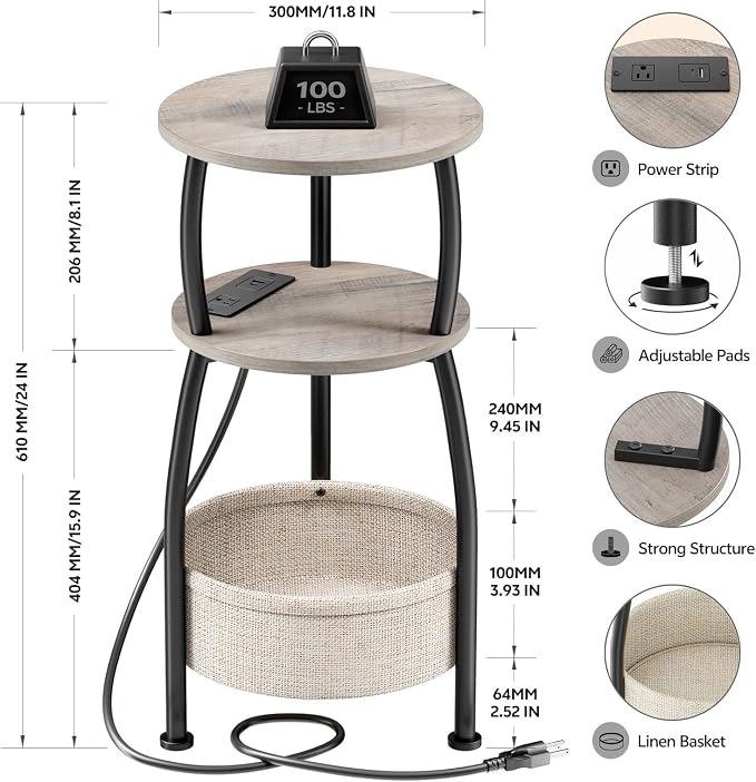Small Side Table with Charging Station, Round End Table with Basket, USB Port and Outlet, 3 Tiers Sofa Couch Table Bedside Table for Living Room Bedroom, Small Spaces, 11.81in Greige