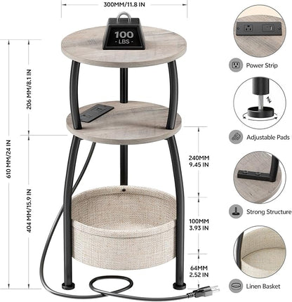 Small Side Table with Charging Station, Round End Table with Basket, USB Port and Outlet, 3 Tiers Sofa Couch Table Bedside Table for Living Room Bedroom, Small Spaces, 11.81in Greige