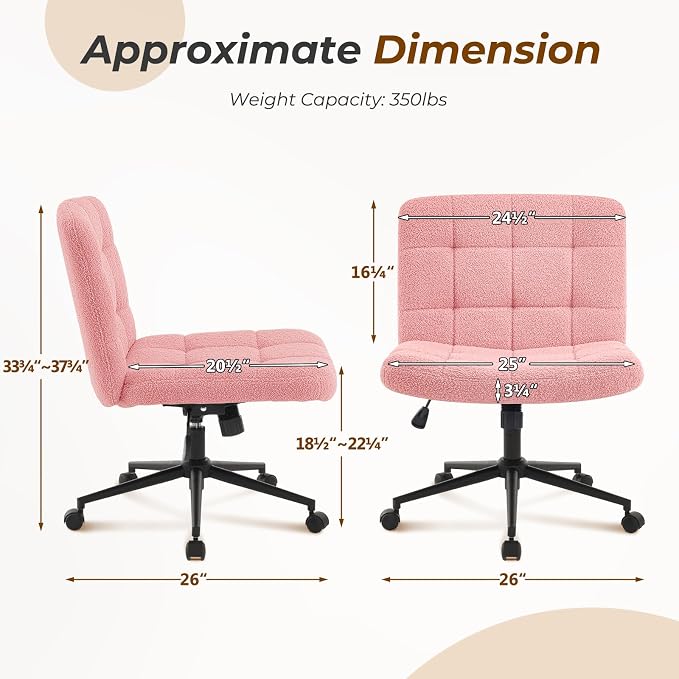 Furnimart Swivel Criss Cross Legged Chair with Wheels for Home Office, Wide Armless Desk Chair Height Adjustable Comfy Seat for Desk,Vanity, Bedroom, Faux Fur Pink