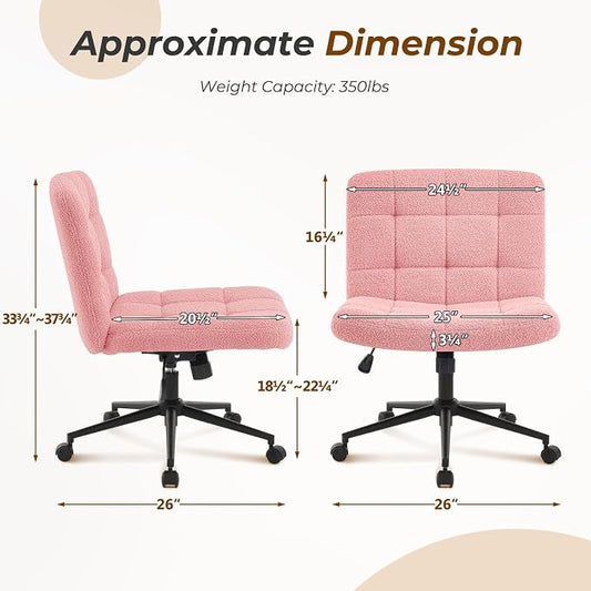 Furnimart Swivel Criss Cross Legged Chair with Wheels for Home Office, Wide Armless Desk Chair Height Adjustable Comfy Seat for Desk,Vanity, Bedroom, Faux Fur Pink
