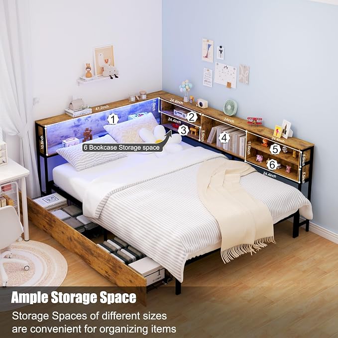 KEIKI Full Size Corner Bed Frames with Storage Drawers, Charging Station, Led Light & Bookcase Headboard, Wooden & Metal L-Shaped Captain Daybed for Small Room, Bedroom, Guest Room, kids'Room, Brown