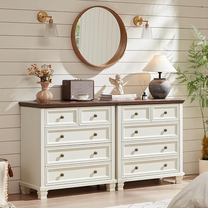 SAVOR LIFE Farmhouse Dresser and Nightstand Sets of 3, 5 Drawer Dresser & 2 Drawer Nightstand, Rustic White Bedroom Furniture Set for Home, Bedroom, Hallway, White