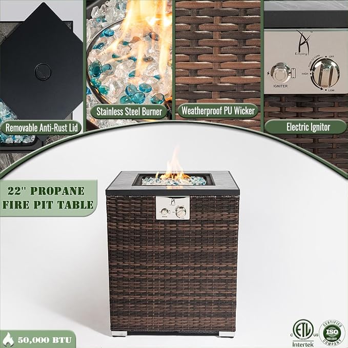 24" Square Propane Gas Fire Pit Table, 50,000 BTU Outdoor Patio Heater with Tile Top, Wicker Base, Blue Glass Beads & Wind-Resistant Glass Guard, Espresso