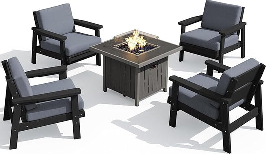 SERWALL Patio Furniture Set with 33” Fire Pit Table, HDPE Outdoor Sectional Sofa Set with Thickened Cushions, Black Frame with Grey Cushions