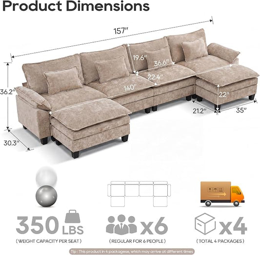 URRED Oversized Modular Sectional Sofa, 157" U Shaped Modern Comfy Cloud Couch with Movable Ottoman & Pillows, Deep Seat Couches for Living Room, Bedroom or Apartment (Chenille Khaki, 157" U Shaped)