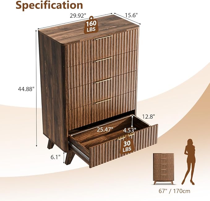 VINGLI Fluted Tall Dresser 5 Drawer Chest of Drawers, Walnut Wood Dresser for Bedroom Mid Century Modern with Rounded Edge, 29.92" W*15.6" D*44.88" H