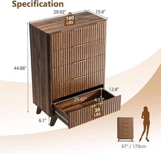 VINGLI Fluted Tall Dresser 5 Drawer Chest of Drawers, Walnut Wood Dresser for Bedroom Mid Century Modern with Rounded Edge, 29.92" W*15.6" D*44.88" H
