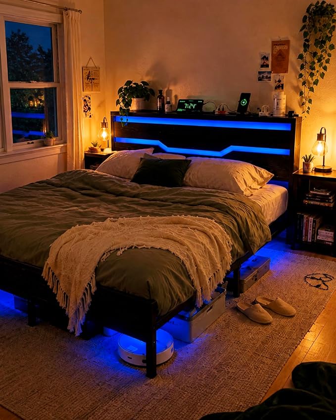 Homkdom Queen Bed Frame with USB Ports & LED Lights, Headboard Shelf, Heavy Duty Metal Platform with 10.24" Underbed Storage, Noise-Free Slats, No Box Spring Needed, Modern Black