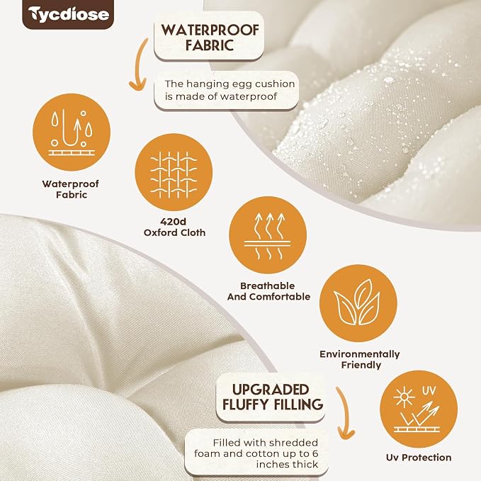 Outdoor Hanging Egg Chair Cushion Replacement, Thicken Egg Chair Cushion Waterproof Basket Eggs Chairs Cushion with Headrest Pillow, U-Shaped Cushions for Hanging Eggs Chairs Swing (Cream)