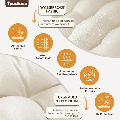 Outdoor Hanging Egg Chair Cushion Replacement, Thicken Egg Chair Cushion Waterproof Basket Eggs Chairs Cushion with Headrest Pillow, U-Shaped Cushions for Hanging Eggs Chairs Swing (Cream)