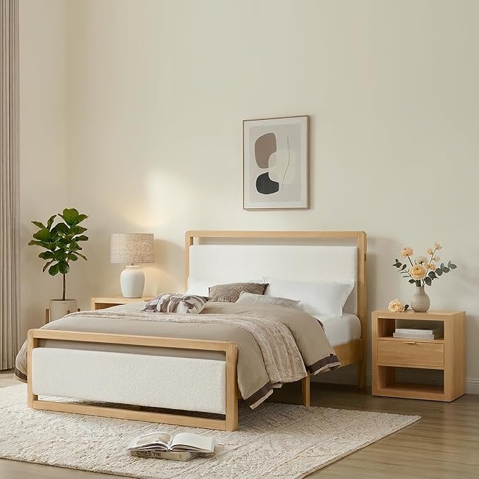 KISLOT Wood Bed Frame with Headboard and Footboard, Mattress Foundation with USB Charging Strong Wooden Slat Support Noise-Free Easy Assembly No Box Spring Needed