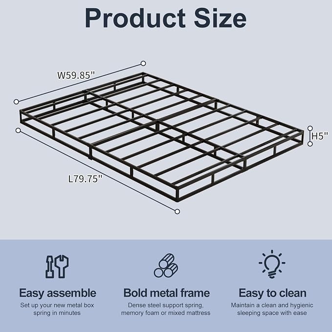 Box Spring, Metal Frame Mattress Foundation with Fabric Cover, Easy Assembly, Noise-Free (5 Inch, Queen)